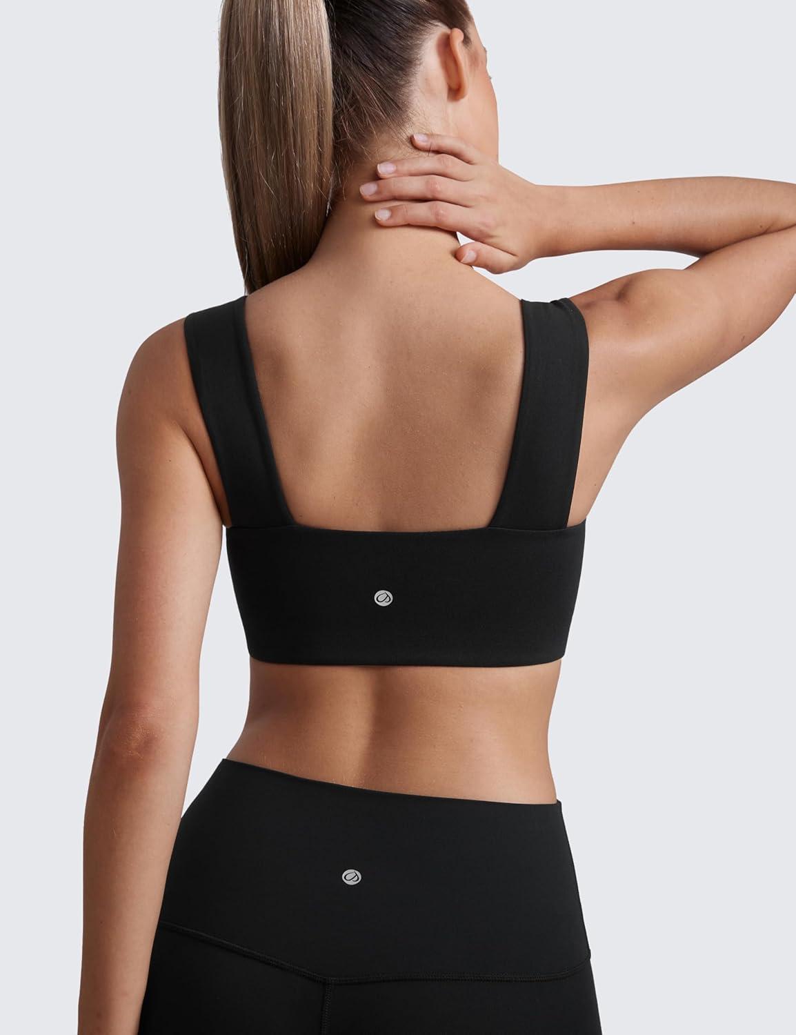 imageCRZ YOGA Butterluxe Wide Straps Sports Bras for Women Square Neck Padded Open Back Camisole Yoga Crop TopBlack