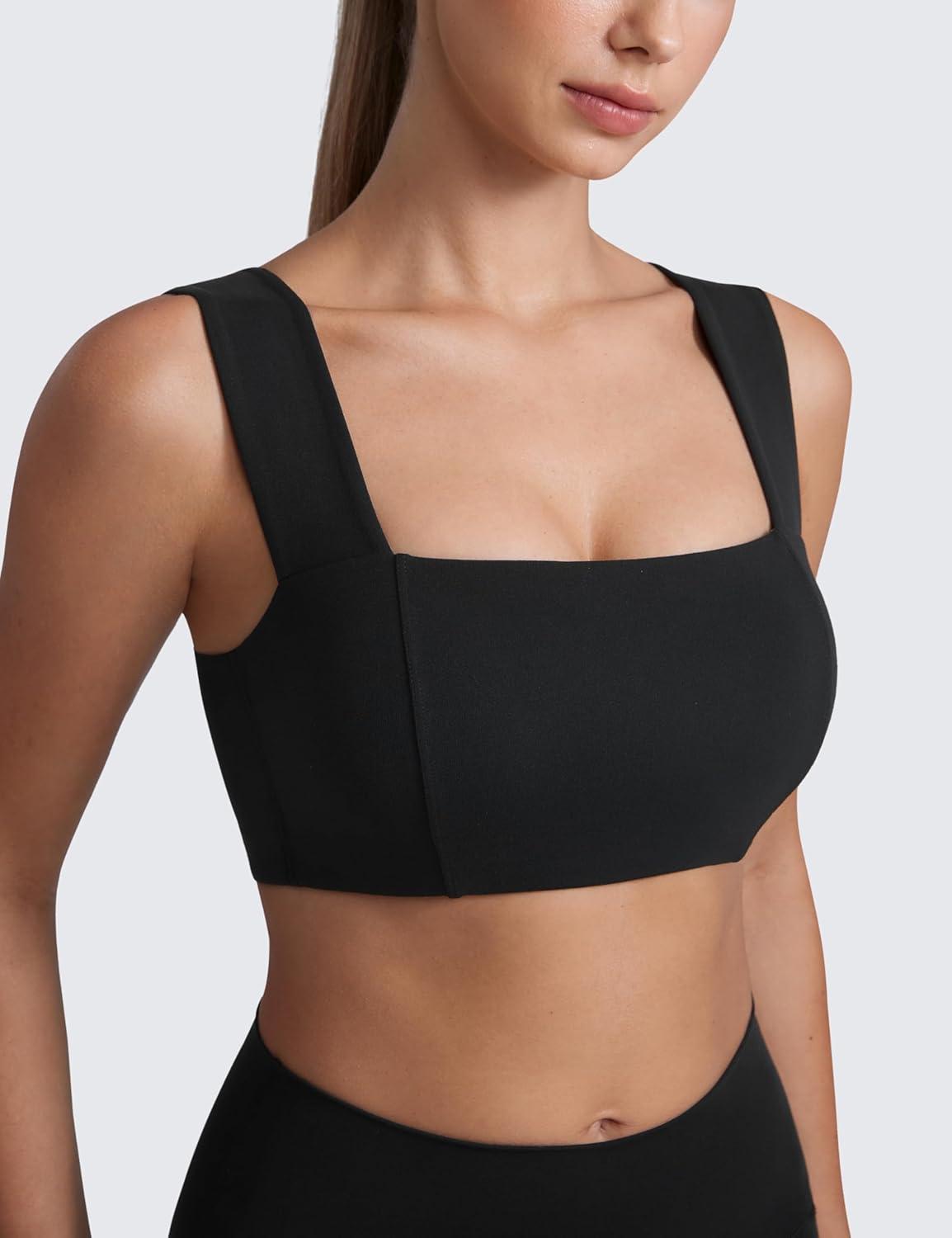 imageCRZ YOGA Butterluxe Wide Straps Sports Bras for Women Square Neck Padded Open Back Camisole Yoga Crop TopBlack