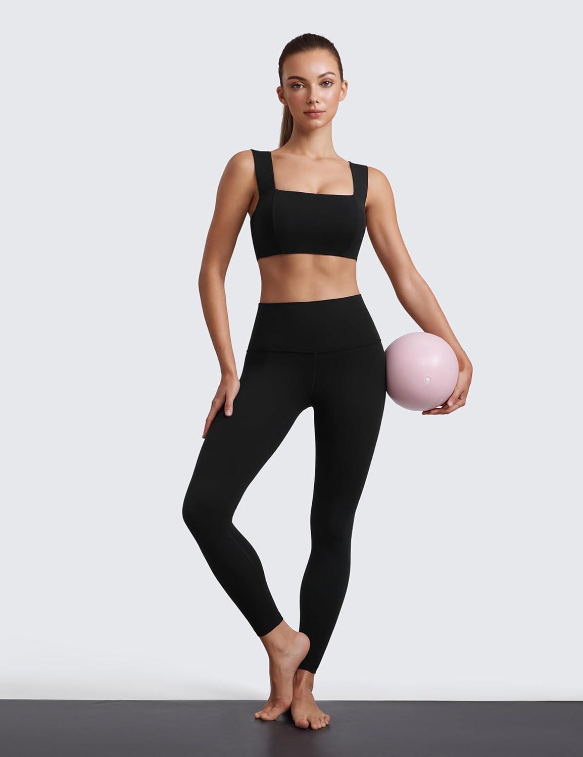 imageCRZ YOGA Butterluxe Wide Straps Sports Bras for Women Square Neck Padded Open Back Camisole Yoga Crop TopBlack