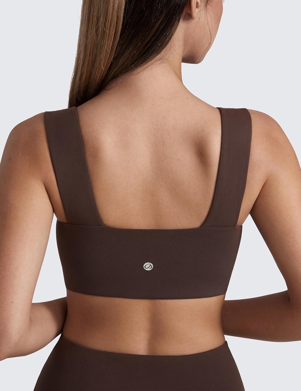imageCRZ YOGA Butterluxe Wide Straps Sports Bras for Women Square Neck Padded Open Back Camisole Yoga Crop TopHot Fudge Brown