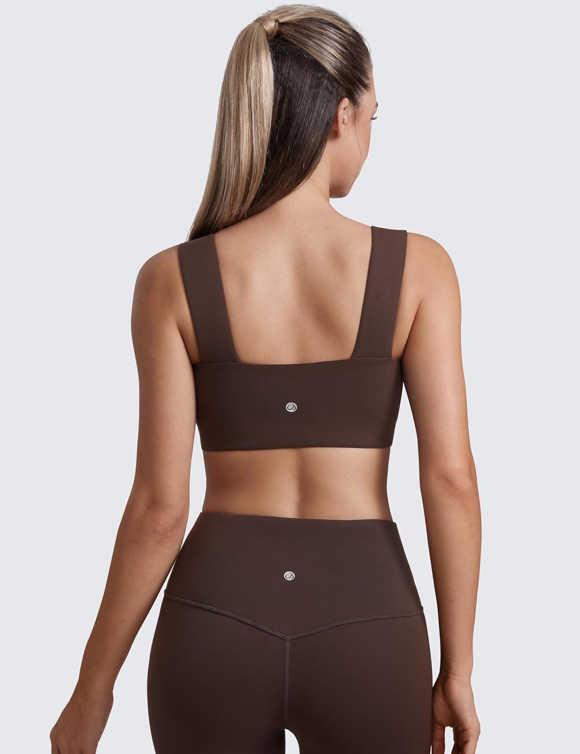 imageCRZ YOGA Butterluxe Wide Straps Sports Bras for Women Square Neck Padded Open Back Camisole Yoga Crop TopHot Fudge Brown