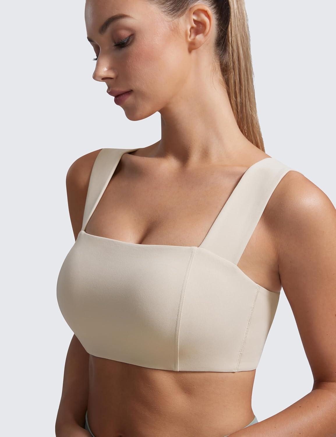 imageCRZ YOGA Butterluxe Wide Straps Sports Bras for Women Square Neck Padded Open Back Camisole Yoga Crop TopMojave Tan