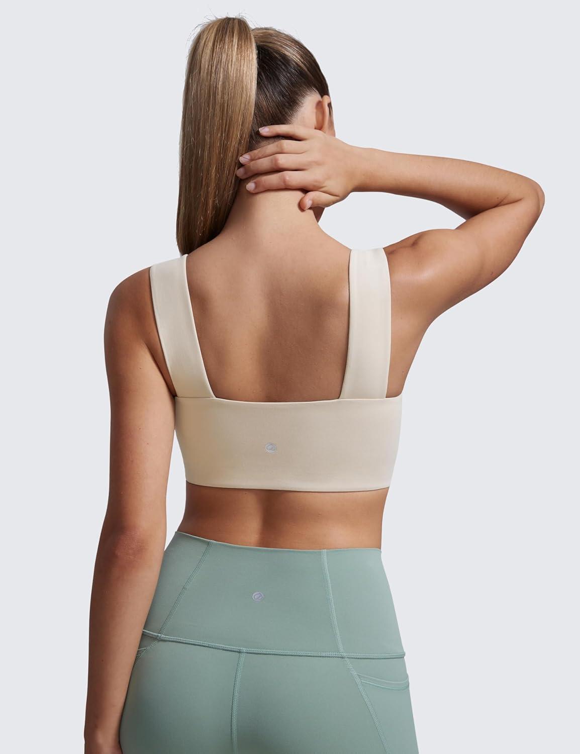 imageCRZ YOGA Butterluxe Wide Straps Sports Bras for Women Square Neck Padded Open Back Camisole Yoga Crop TopMojave Tan