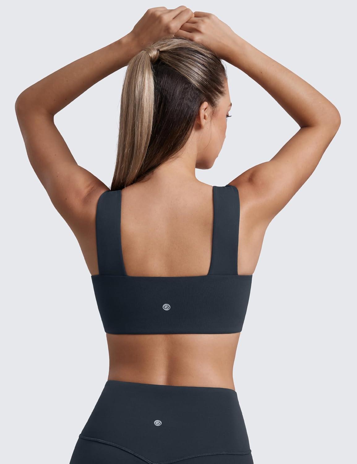imageCRZ YOGA Butterluxe Wide Straps Sports Bras for Women Square Neck Padded Open Back Camisole Yoga Crop TopTrue Navy