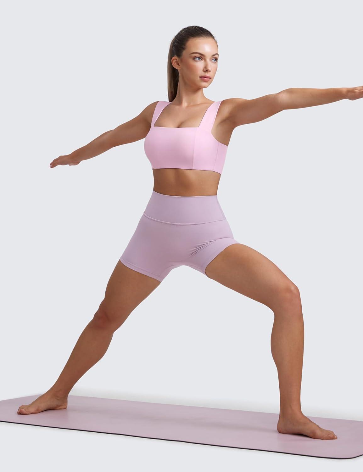 imageCRZ YOGA Butterluxe Wide Straps Sports Bras for Women Square Neck Padded Open Back Camisole Yoga Crop TopVita Pink