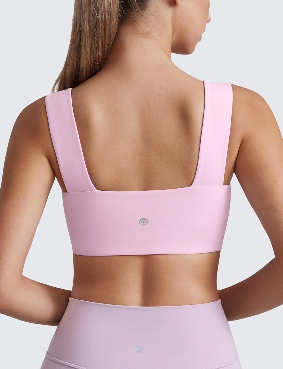 imageCRZ YOGA Butterluxe Wide Straps Sports Bras for Women Square Neck Padded Open Back Camisole Yoga Crop TopVita Pink