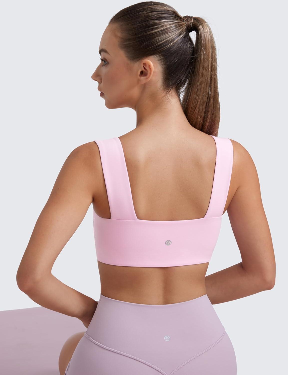 imageCRZ YOGA Butterluxe Wide Straps Sports Bras for Women Square Neck Padded Open Back Camisole Yoga Crop TopVita Pink