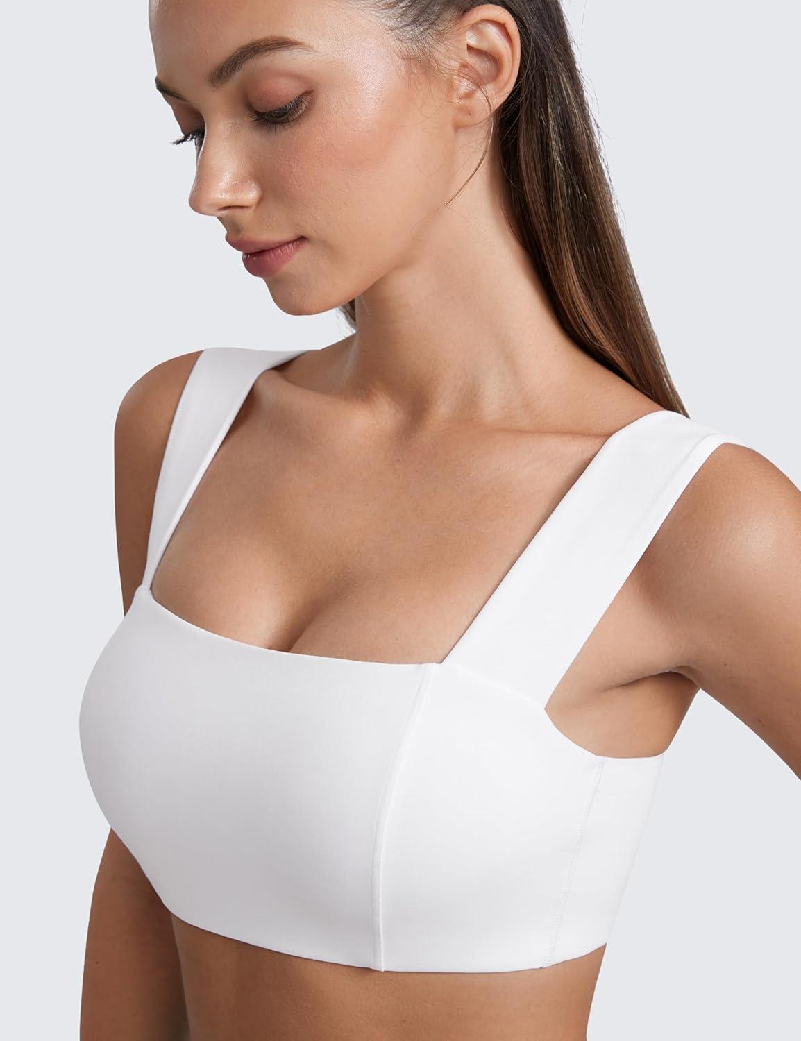 imageCRZ YOGA Butterluxe Wide Straps Sports Bras for Women Square Neck Padded Open Back Camisole Yoga Crop TopWhite