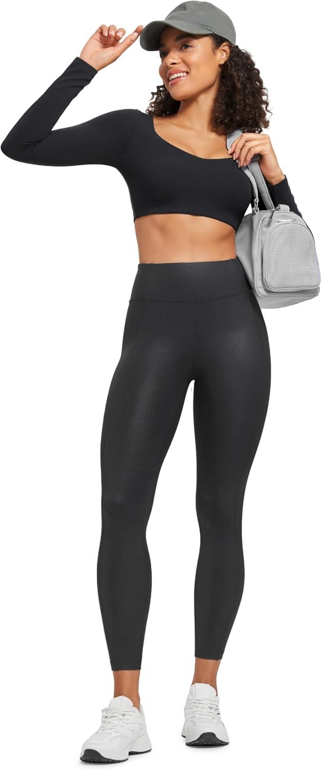 imageCRZ YOGA Butterluxe Women Matte Faux Leather Leggings with Back Pockets 25quot High Waist Stretch Pleather Pants TightsBlack Foil Pattern