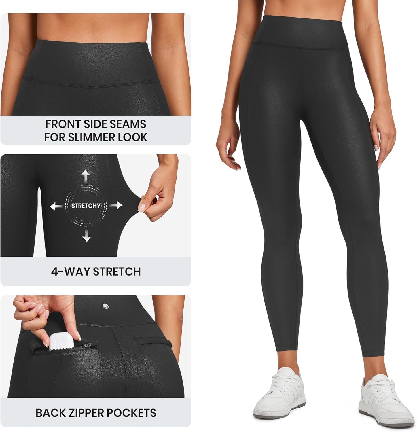 imageCRZ YOGA Butterluxe Women Matte Faux Leather Leggings with Back Pockets 25quot High Waist Stretch Pleather Pants TightsBlack Foil Pattern