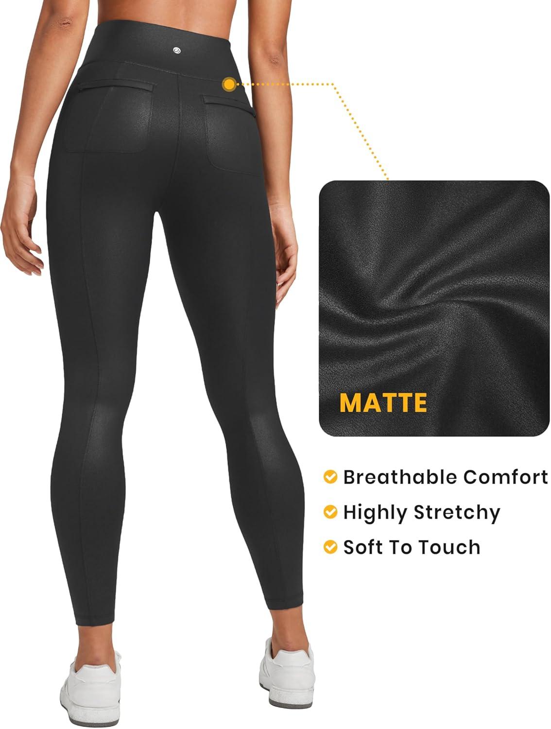 imageCRZ YOGA Butterluxe Women Matte Faux Leather Leggings with Back Pockets 25quot High Waist Stretch Pleather Pants TightsBlack Foil Pattern