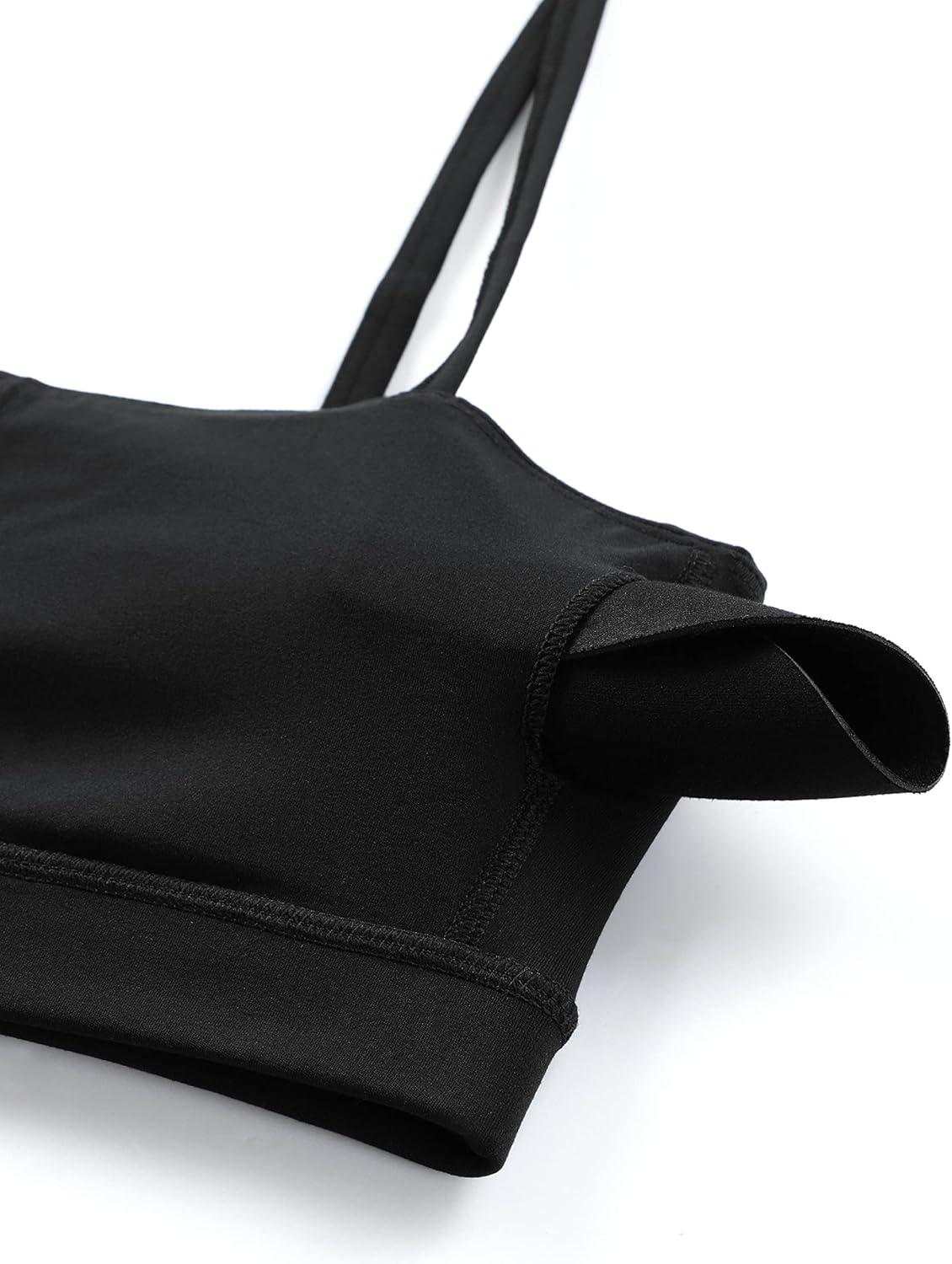 imageCRZ YOGA Butterluxe Womens Adjustable Spaghetti Thin Strap Sports Bra Padded Wireless Square Neck Workout Yoga ClothesBlack