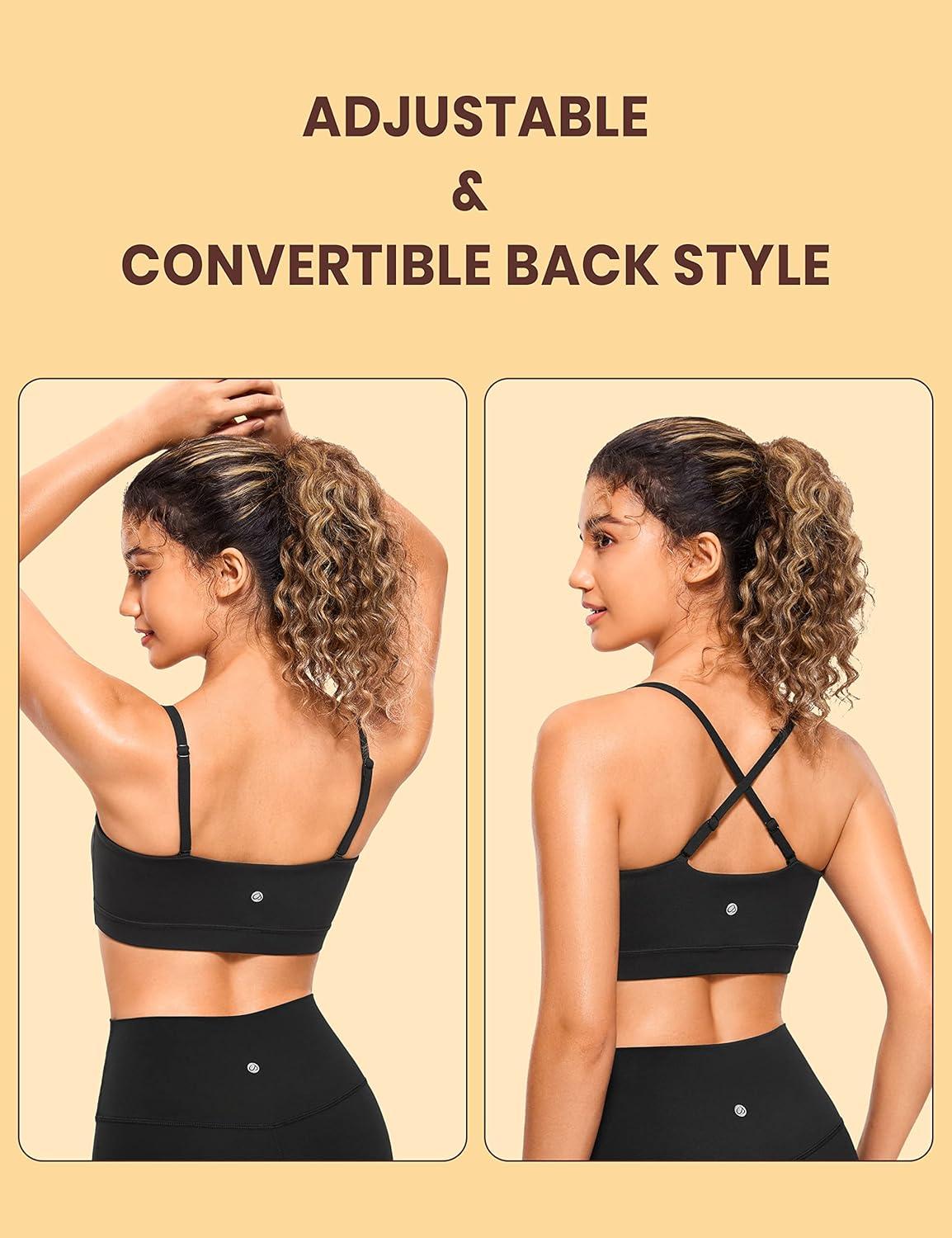 imageCRZ YOGA Butterluxe Womens Adjustable Spaghetti Thin Strap Sports Bra Padded Wireless Square Neck Workout Yoga ClothesBlack