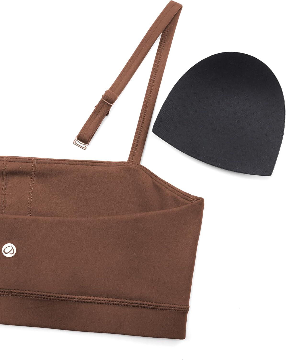 imageCRZ YOGA Butterluxe Womens Adjustable Spaghetti Thin Strap Sports Bra Padded Wireless Square Neck Workout Yoga ClothesCoffee Brown