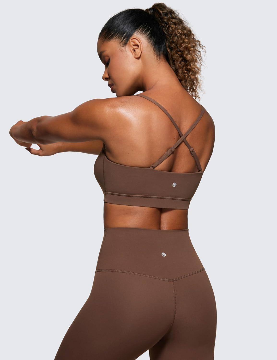 imageCRZ YOGA Butterluxe Womens Adjustable Spaghetti Thin Strap Sports Bra Padded Wireless Square Neck Workout Yoga ClothesCoffee Brown