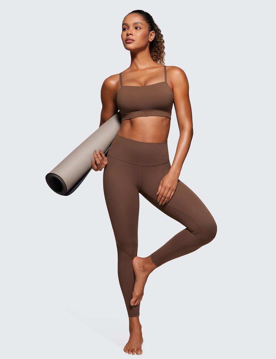 imageCRZ YOGA Butterluxe Womens Adjustable Spaghetti Thin Strap Sports Bra Padded Wireless Square Neck Workout Yoga ClothesCoffee Brown