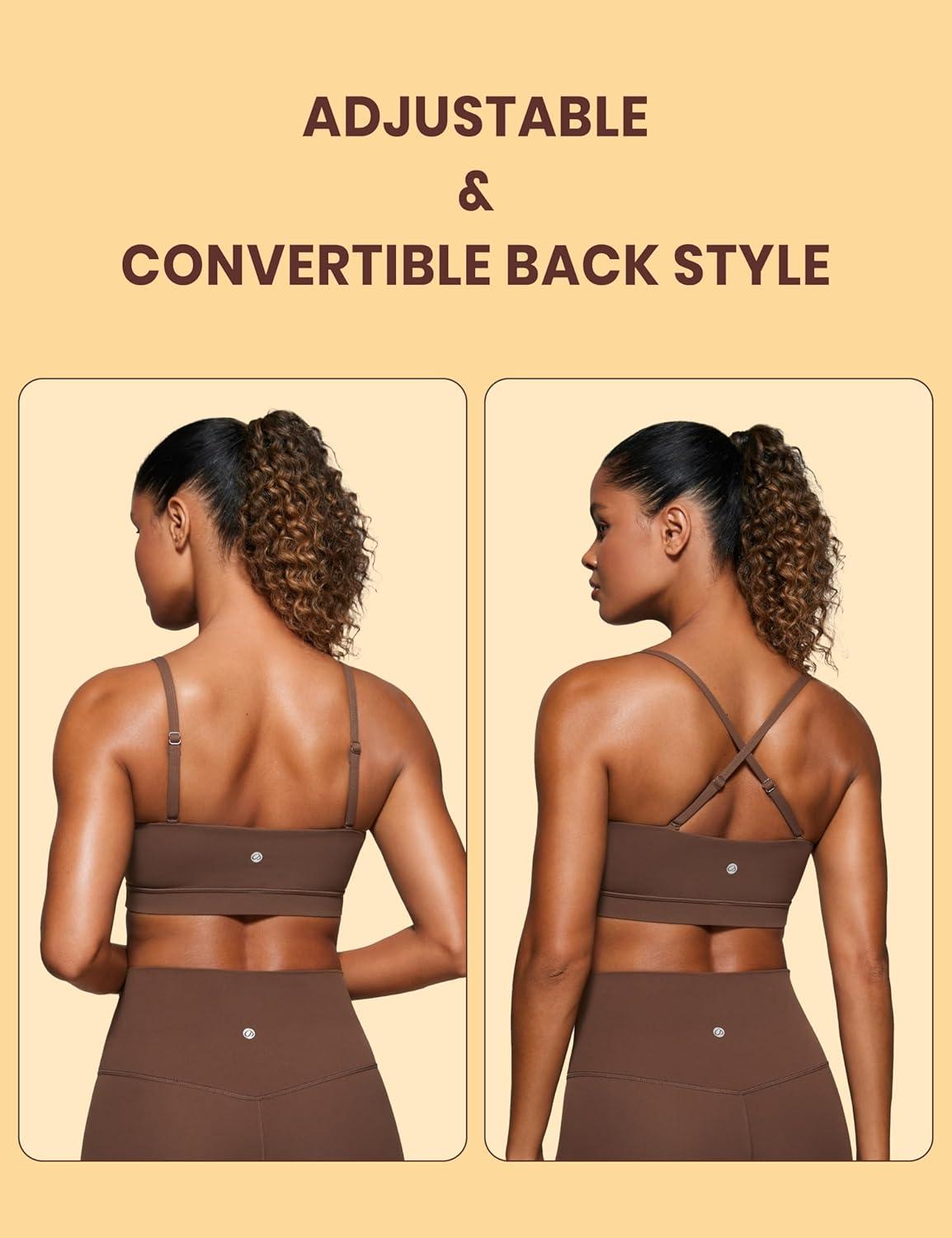 imageCRZ YOGA Butterluxe Womens Adjustable Spaghetti Thin Strap Sports Bra Padded Wireless Square Neck Workout Yoga ClothesCoffee Brown