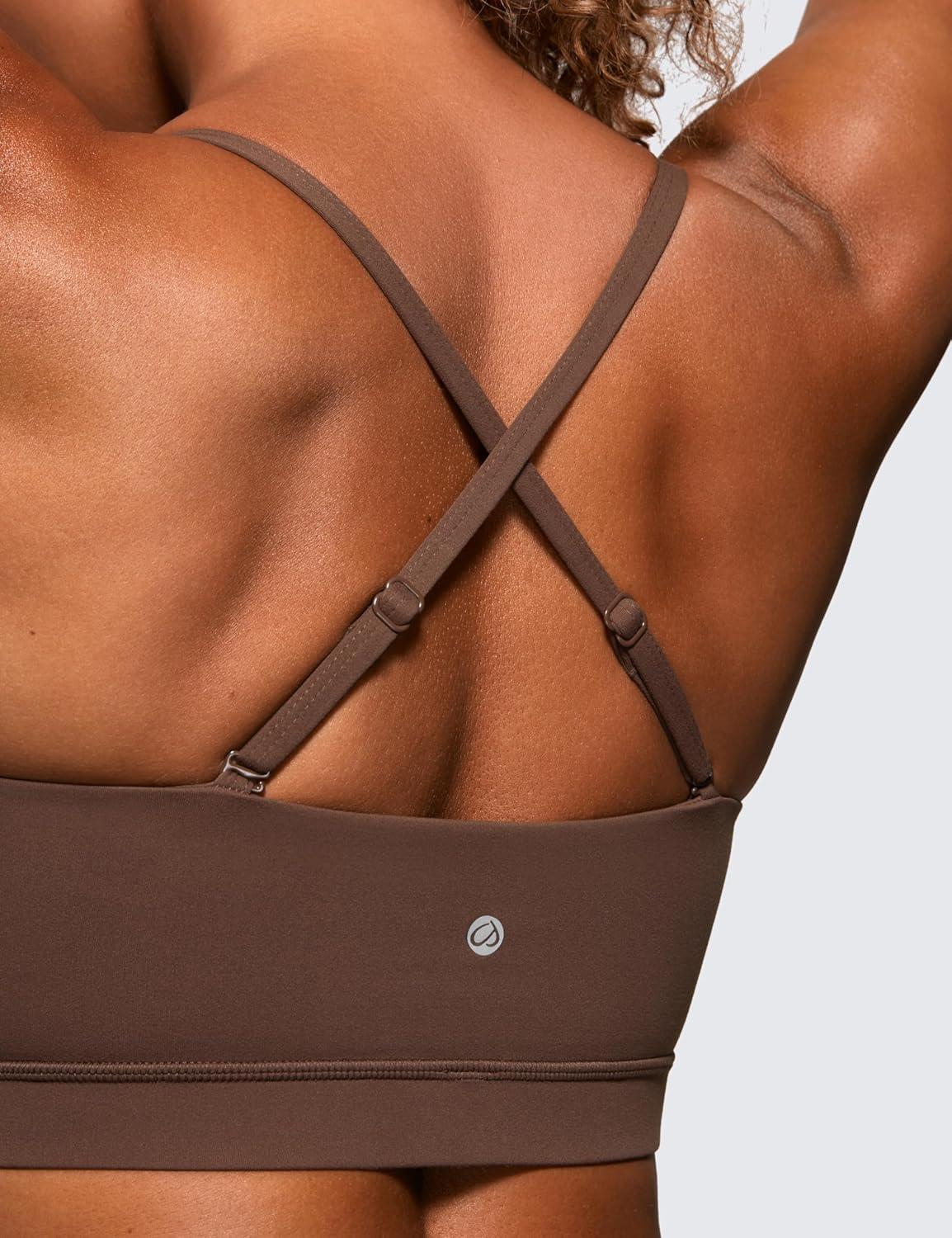 imageCRZ YOGA Butterluxe Womens Adjustable Spaghetti Thin Strap Sports Bra Padded Wireless Square Neck Workout Yoga ClothesCoffee Brown