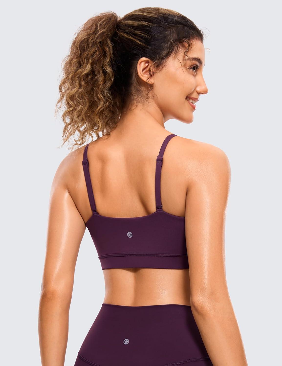 imageCRZ YOGA Butterluxe Womens Adjustable Spaghetti Thin Strap Sports Bra Padded Wireless Square Neck Workout Yoga ClothesDeep Purple
