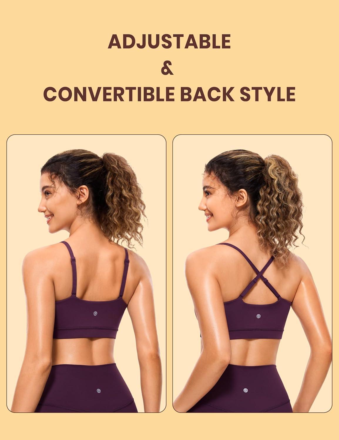 imageCRZ YOGA Butterluxe Womens Adjustable Spaghetti Thin Strap Sports Bra Padded Wireless Square Neck Workout Yoga ClothesDeep Purple
