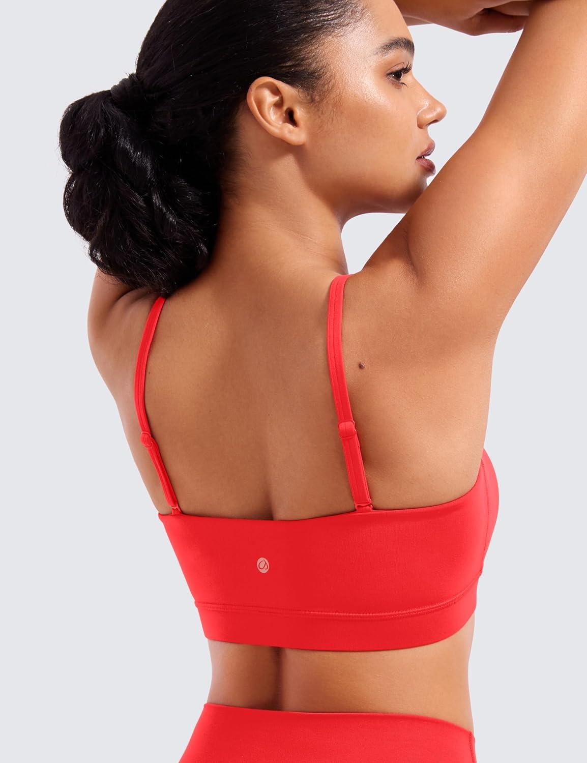 imageCRZ YOGA Butterluxe Womens Adjustable Spaghetti Thin Strap Sports Bra Padded Wireless Square Neck Workout Yoga ClothesDeep Red