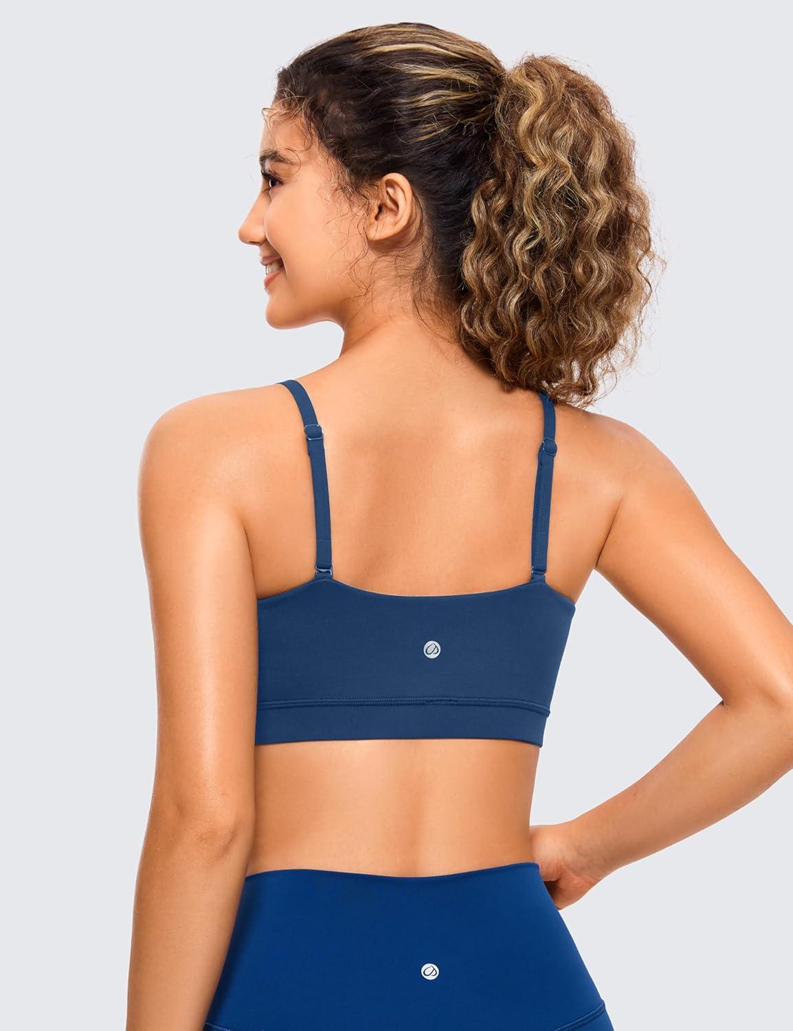 imageCRZ YOGA Butterluxe Womens Adjustable Spaghetti Thin Strap Sports Bra Padded Wireless Square Neck Workout Yoga ClothesFrench Navy
