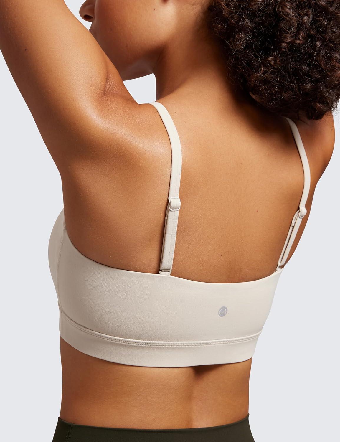 imageCRZ YOGA Butterluxe Womens Adjustable Spaghetti Thin Strap Sports Bra Padded Wireless Square Neck Workout Yoga ClothesMojave Tan