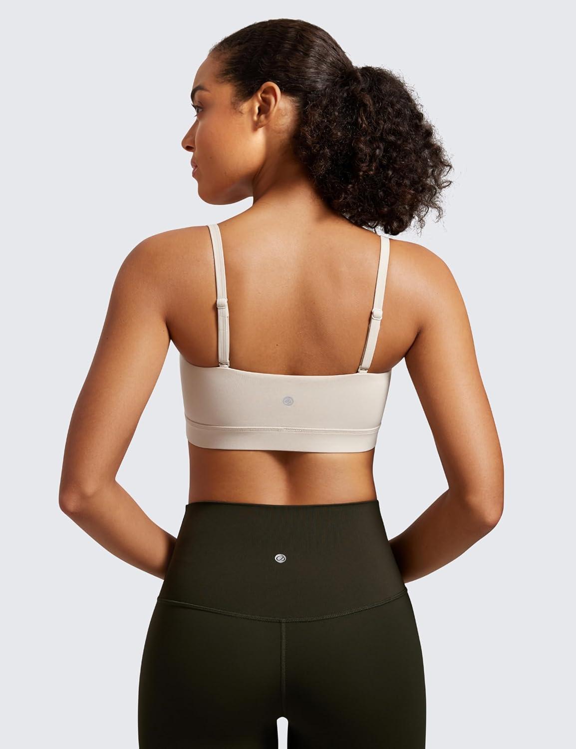imageCRZ YOGA Butterluxe Womens Adjustable Spaghetti Thin Strap Sports Bra Padded Wireless Square Neck Workout Yoga ClothesMojave Tan
