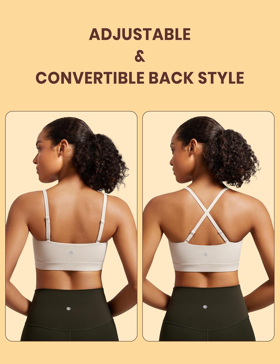 imageCRZ YOGA Butterluxe Womens Adjustable Spaghetti Thin Strap Sports Bra Padded Wireless Square Neck Workout Yoga ClothesMojave Tan