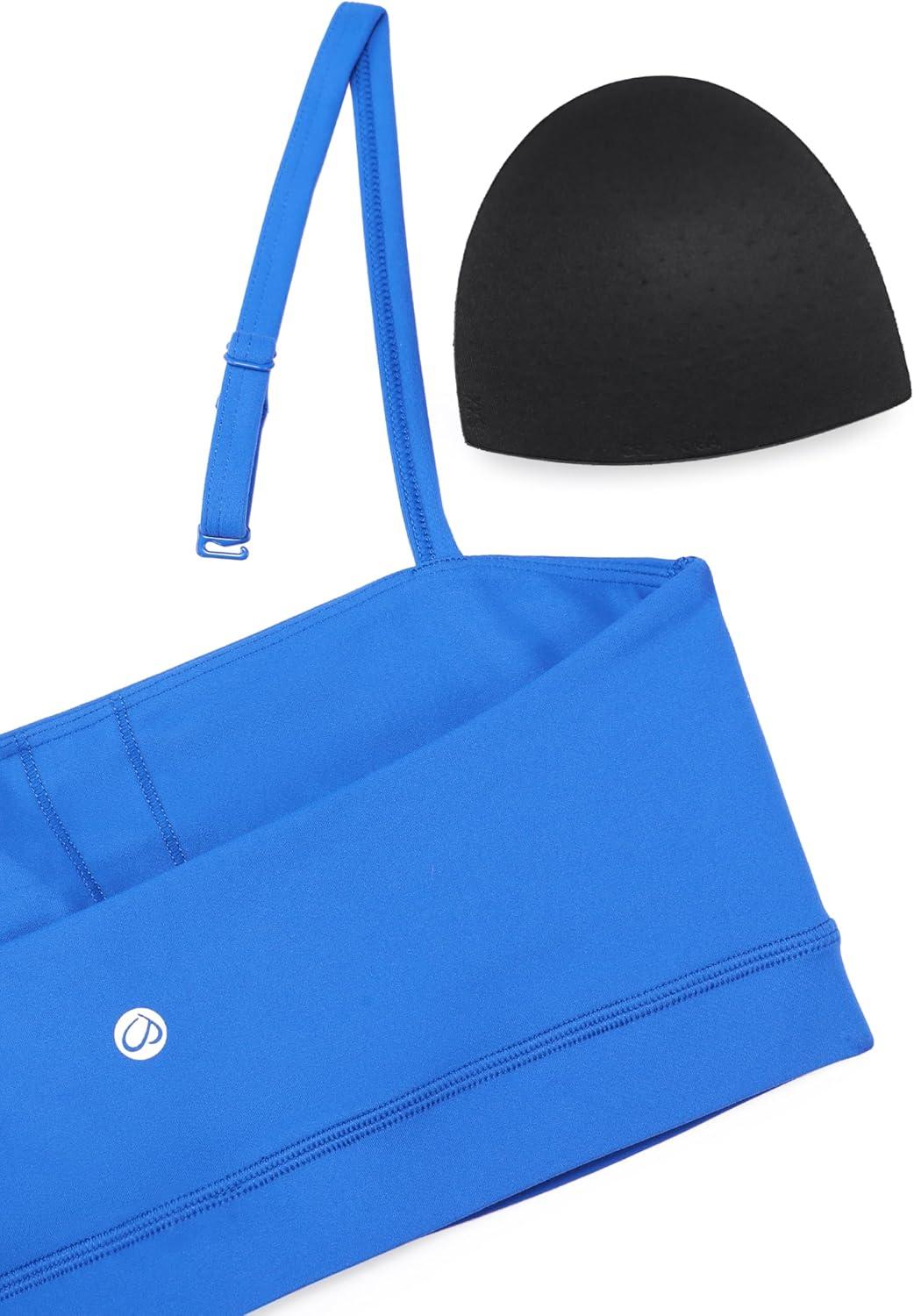 imageCRZ YOGA Butterluxe Womens Adjustable Spaghetti Thin Strap Sports Bra Padded Wireless Square Neck Workout Yoga ClothesSparkle Blue