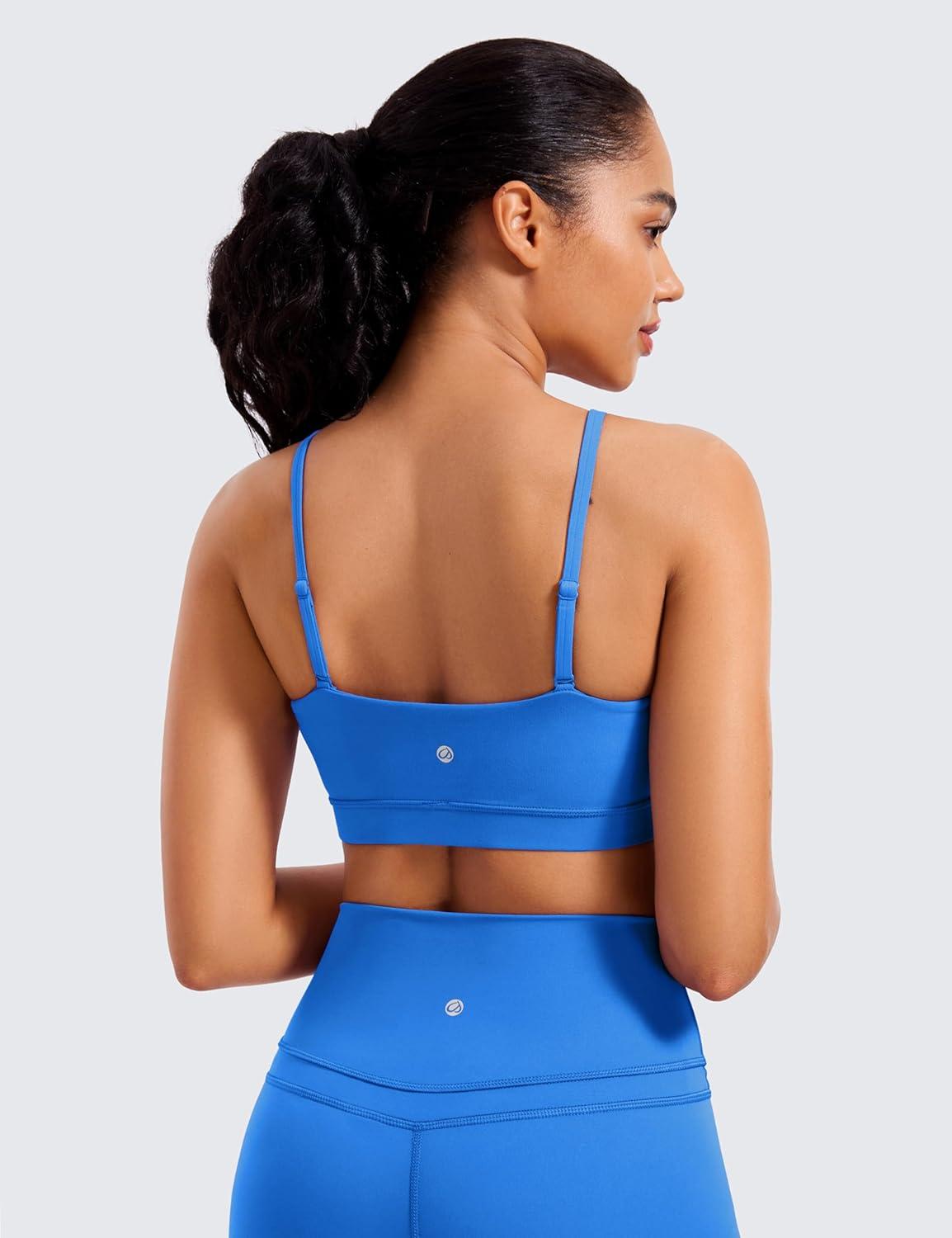 imageCRZ YOGA Butterluxe Womens Adjustable Spaghetti Thin Strap Sports Bra Padded Wireless Square Neck Workout Yoga ClothesSparkle Blue