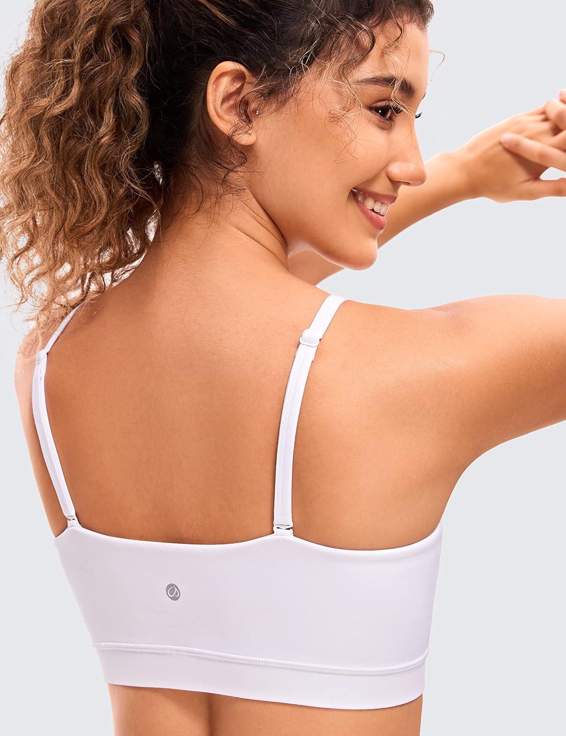 imageCRZ YOGA Butterluxe Womens Adjustable Spaghetti Thin Strap Sports Bra Padded Wireless Square Neck Workout Yoga ClothesWhite