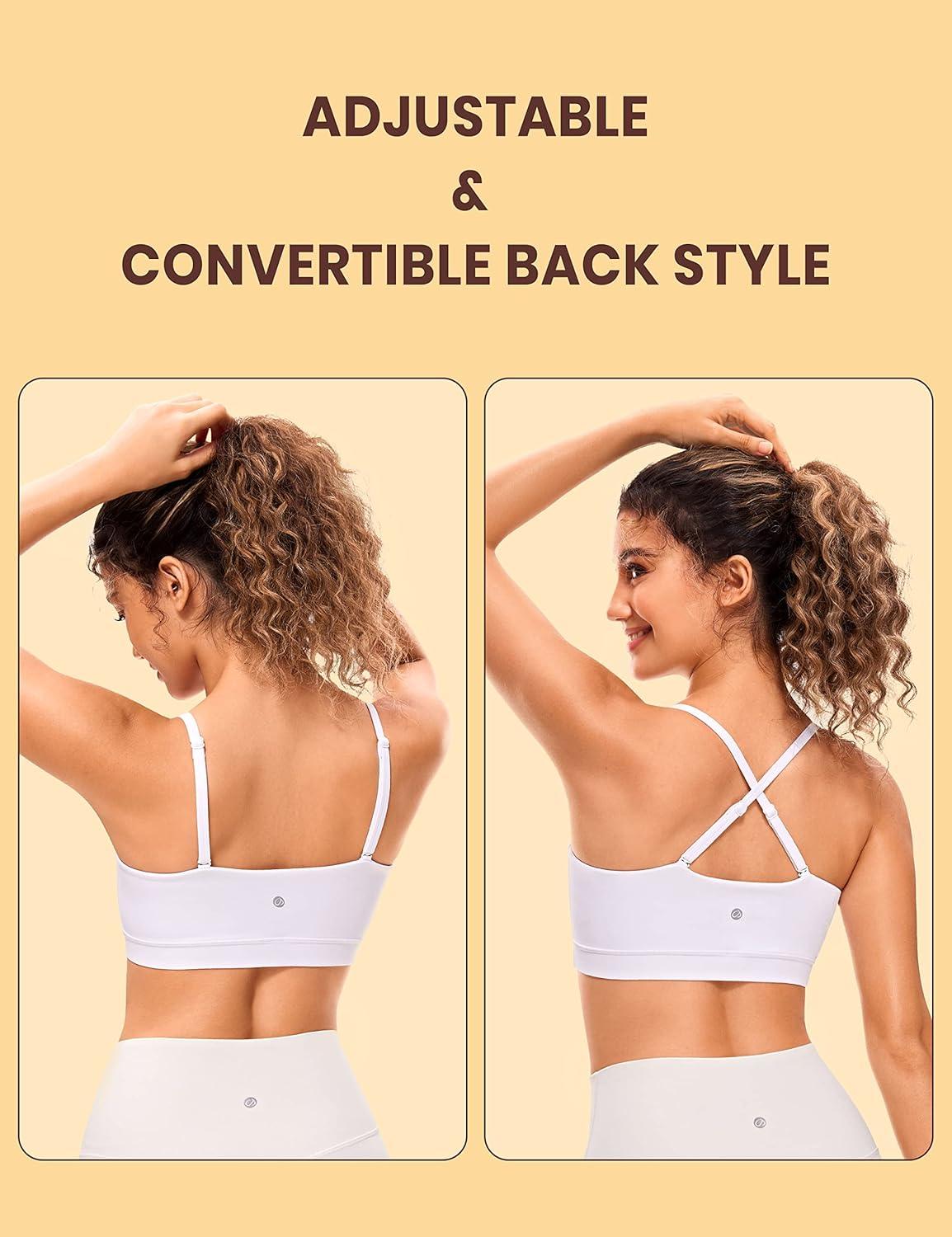 imageCRZ YOGA Butterluxe Womens Adjustable Spaghetti Thin Strap Sports Bra Padded Wireless Square Neck Workout Yoga ClothesWhite