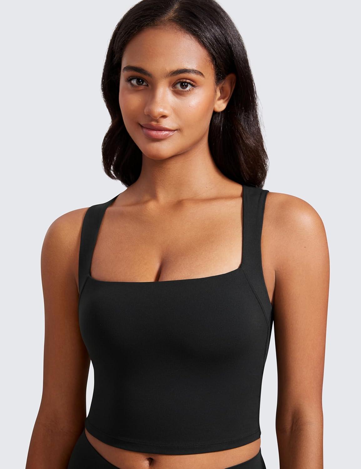 imageCRZ YOGA Butterluxe Womens Longline Square Neck Sports Bras Basic Crop Tank Yoga Workout Tops with Built in PadsBlack