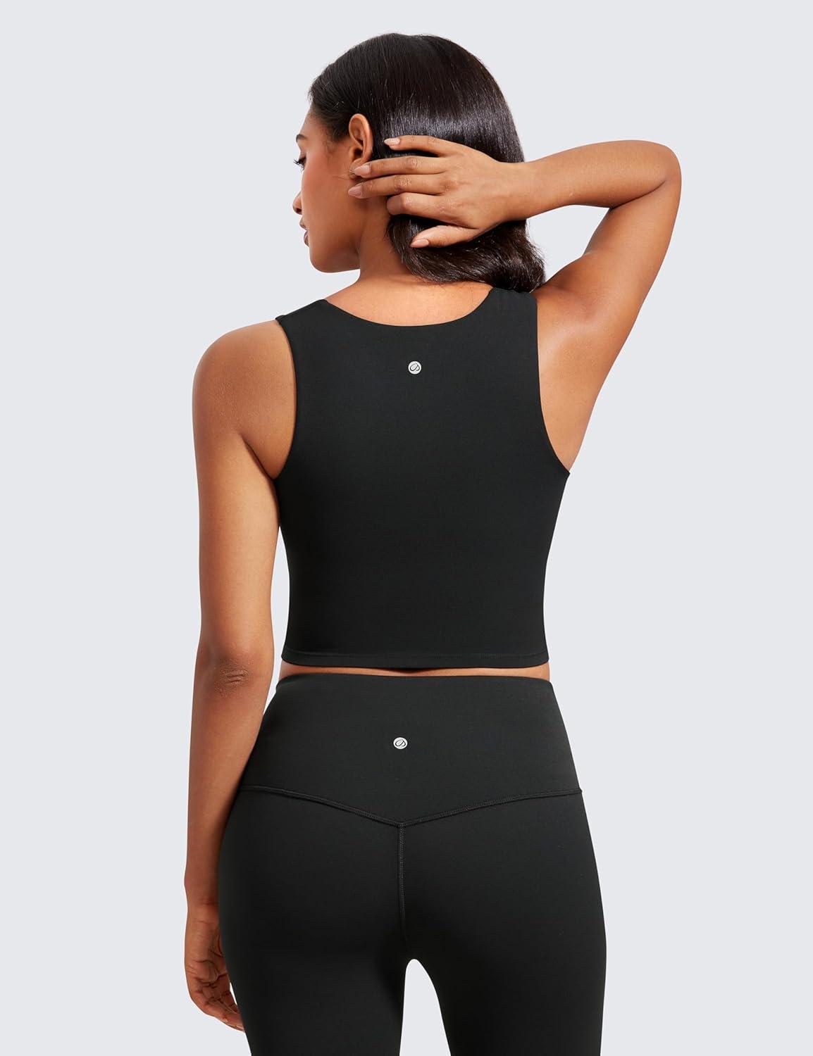 imageCRZ YOGA Butterluxe Womens Longline Square Neck Sports Bras Basic Crop Tank Yoga Workout Tops with Built in PadsBlack