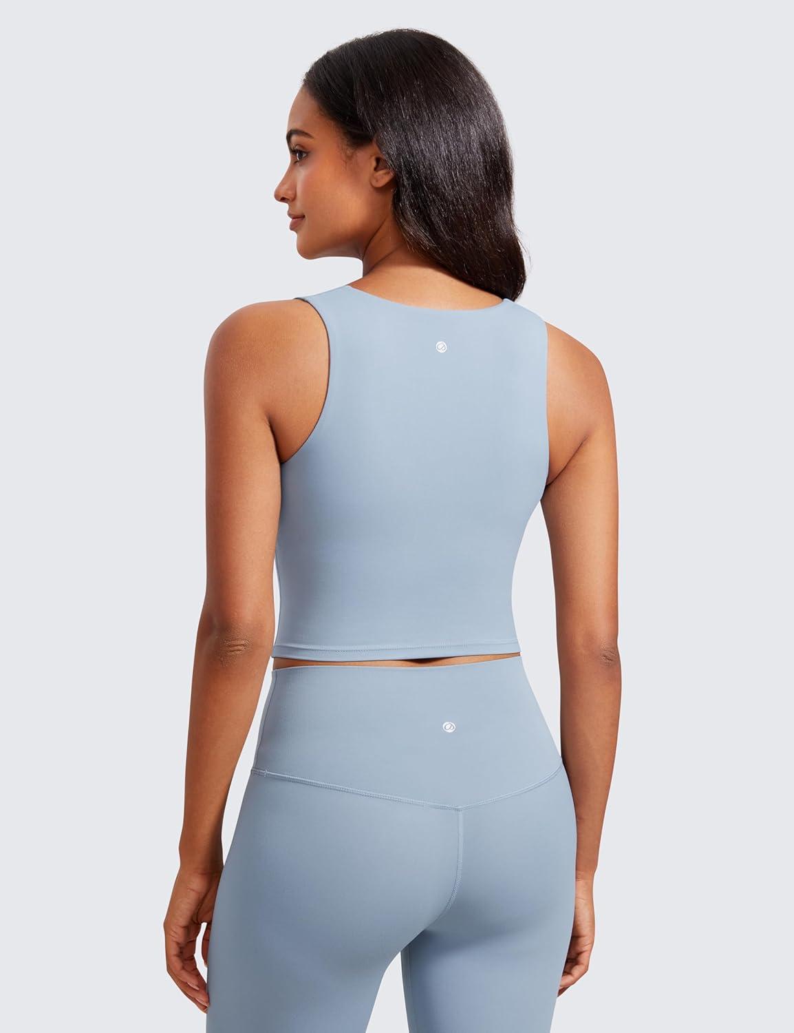 imageCRZ YOGA Butterluxe Womens Longline Square Neck Sports Bras Basic Crop Tank Yoga Workout Tops with Built in PadsCambric Blue