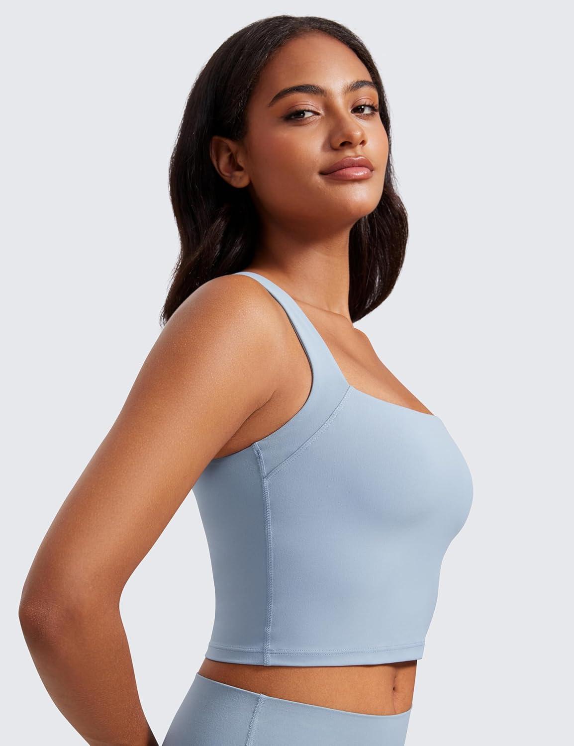 imageCRZ YOGA Butterluxe Womens Longline Square Neck Sports Bras Basic Crop Tank Yoga Workout Tops with Built in PadsCambric Blue