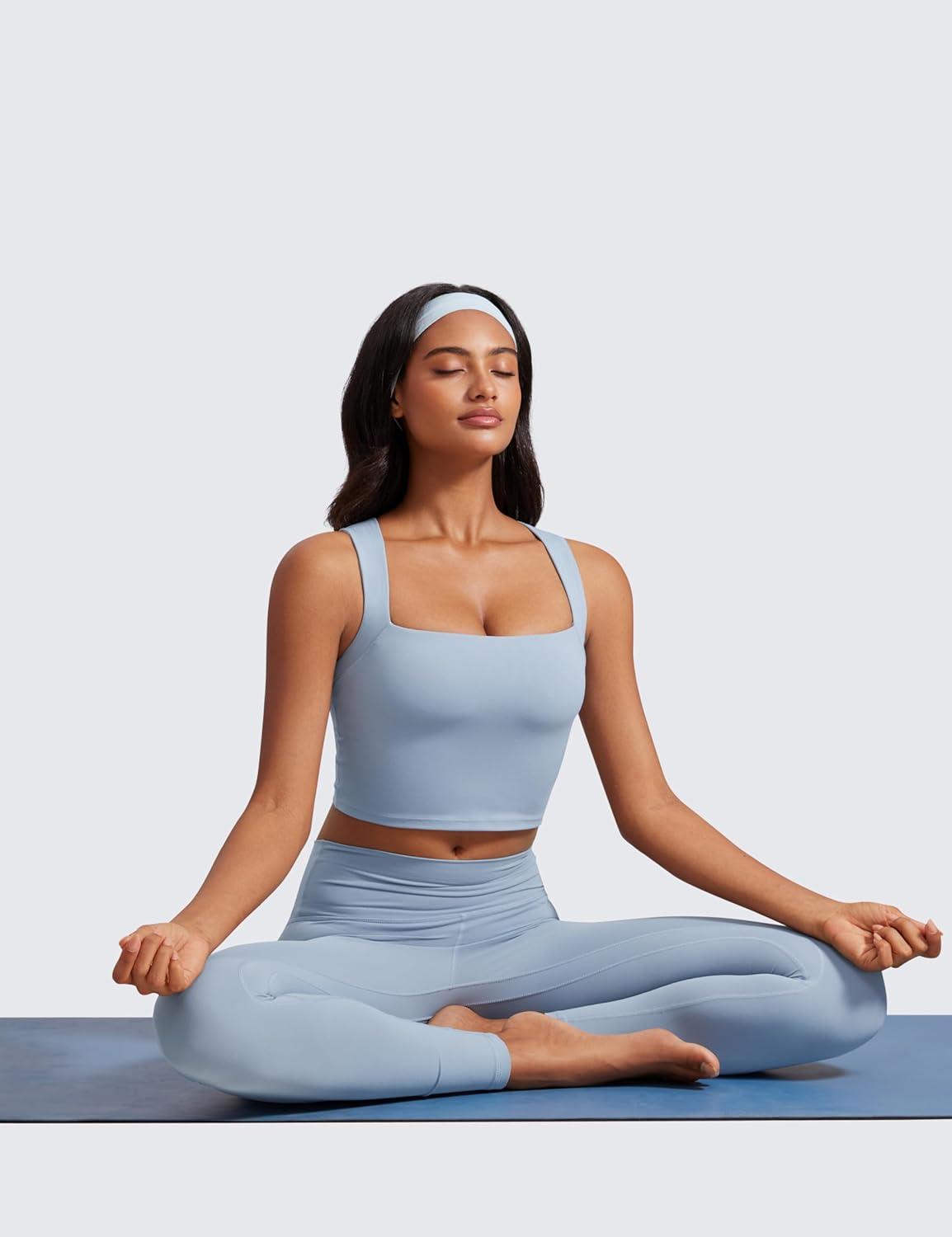imageCRZ YOGA Butterluxe Womens Longline Square Neck Sports Bras Basic Crop Tank Yoga Workout Tops with Built in PadsCambric Blue