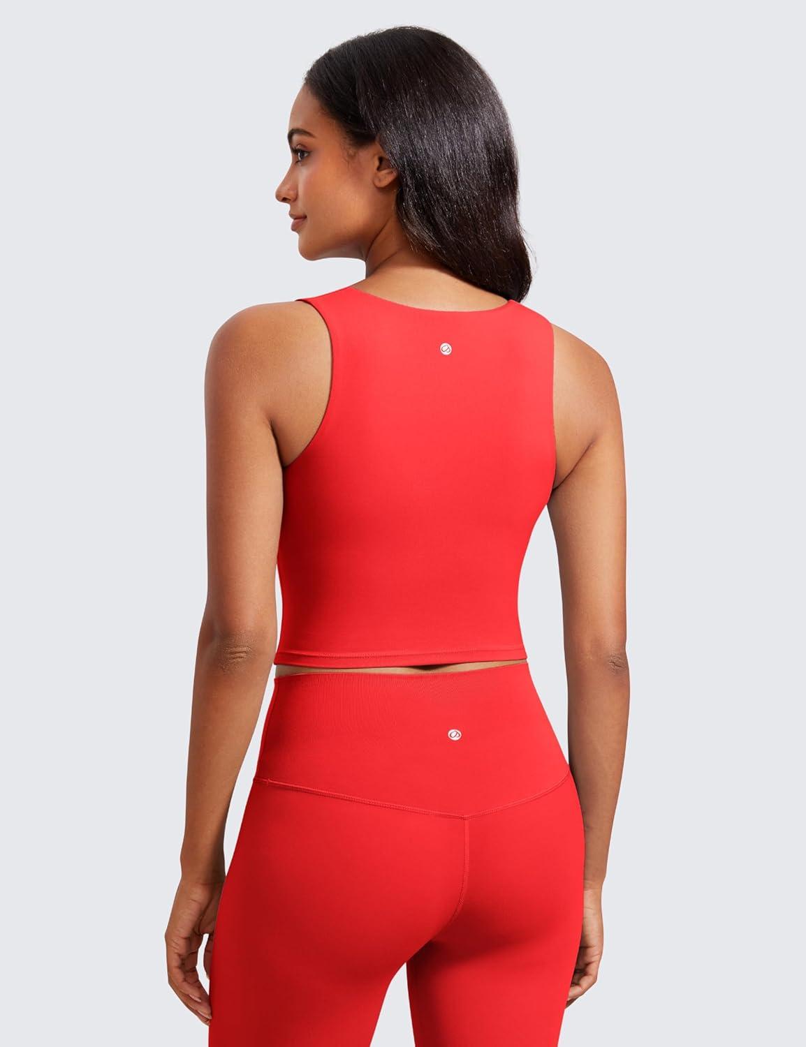 imageCRZ YOGA Butterluxe Womens Longline Square Neck Sports Bras Basic Crop Tank Yoga Workout Tops with Built in PadsDeep Red