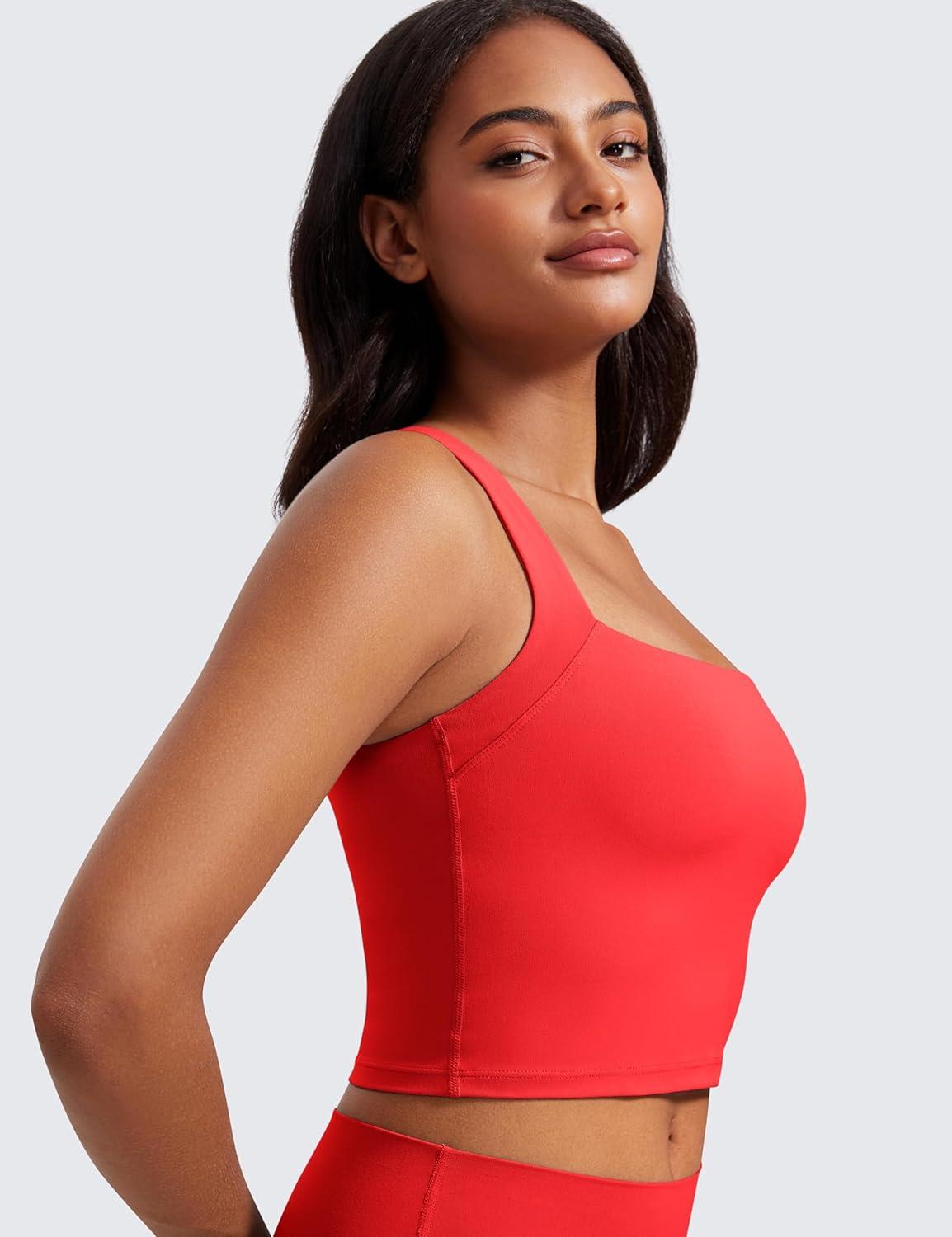 imageCRZ YOGA Butterluxe Womens Longline Square Neck Sports Bras Basic Crop Tank Yoga Workout Tops with Built in PadsDeep Red