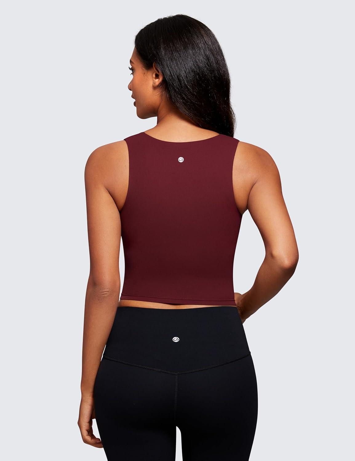 imageCRZ YOGA Butterluxe Womens Longline Square Neck Sports Bras Basic Crop Tank Yoga Workout Tops with Built in PadsRed Merlot