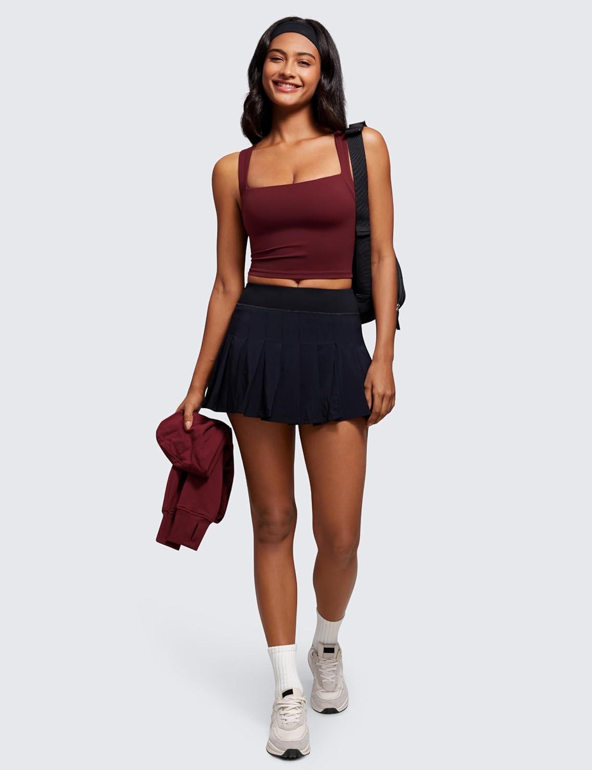 imageCRZ YOGA Butterluxe Womens Longline Square Neck Sports Bras Basic Crop Tank Yoga Workout Tops with Built in PadsRed Merlot