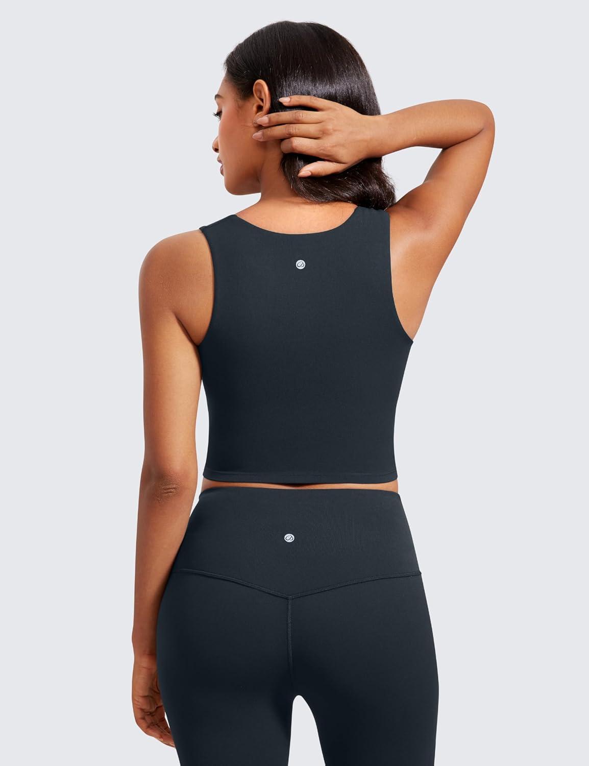 imageCRZ YOGA Butterluxe Womens Longline Square Neck Sports Bras Basic Crop Tank Yoga Workout Tops with Built in PadsTrue Navy