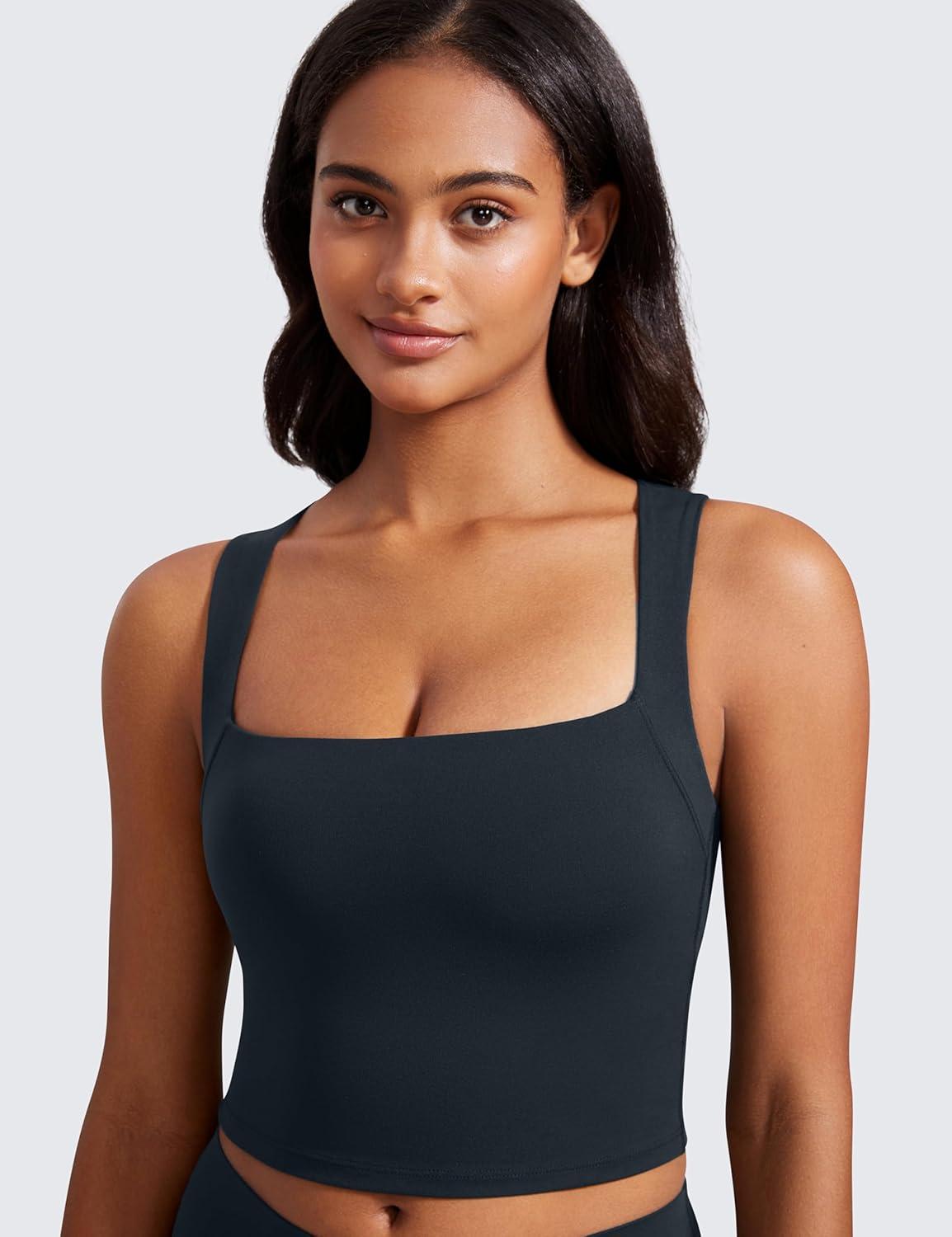 imageCRZ YOGA Butterluxe Womens Longline Square Neck Sports Bras Basic Crop Tank Yoga Workout Tops with Built in PadsTrue Navy