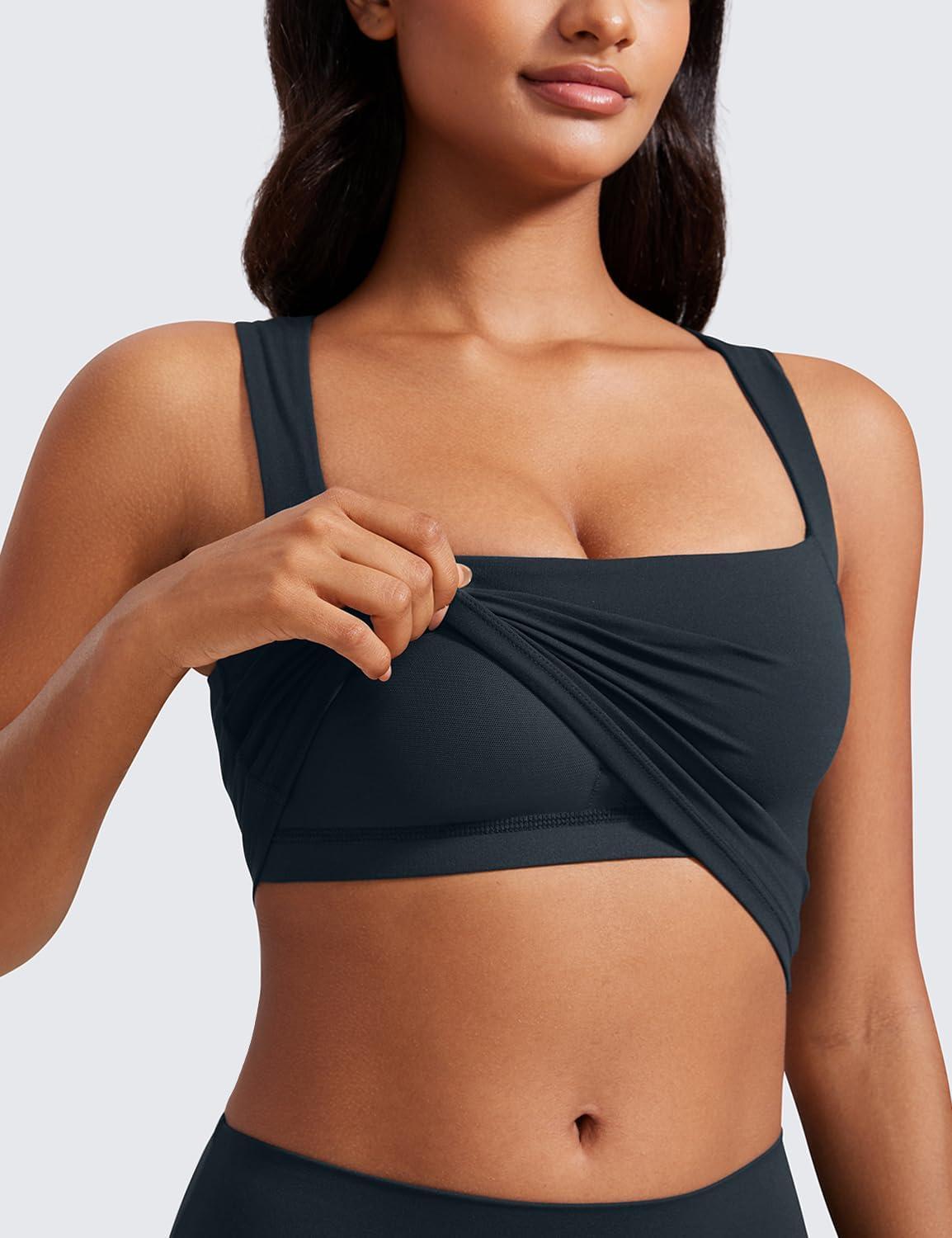 imageCRZ YOGA Butterluxe Womens Longline Square Neck Sports Bras Basic Crop Tank Yoga Workout Tops with Built in PadsTrue Navy