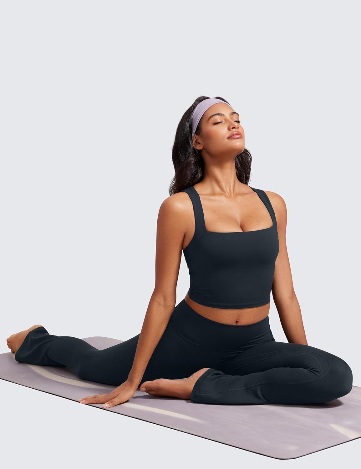 imageCRZ YOGA Butterluxe Womens Longline Square Neck Sports Bras Basic Crop Tank Yoga Workout Tops with Built in PadsTrue Navy