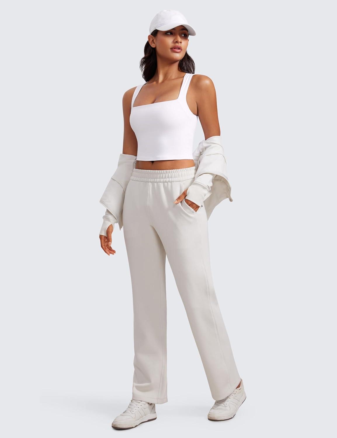 imageCRZ YOGA Butterluxe Womens Longline Square Neck Sports Bras Basic Crop Tank Yoga Workout Tops with Built in PadsWhite