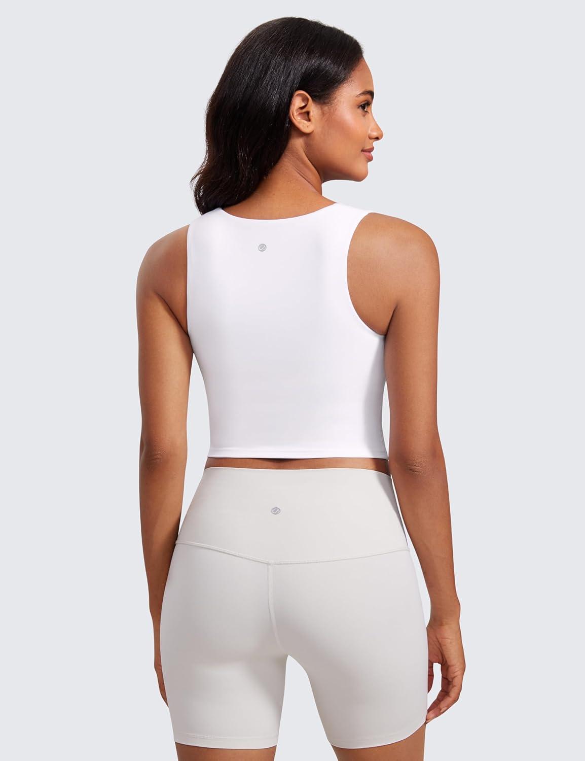 imageCRZ YOGA Butterluxe Womens Longline Square Neck Sports Bras Basic Crop Tank Yoga Workout Tops with Built in PadsWhite