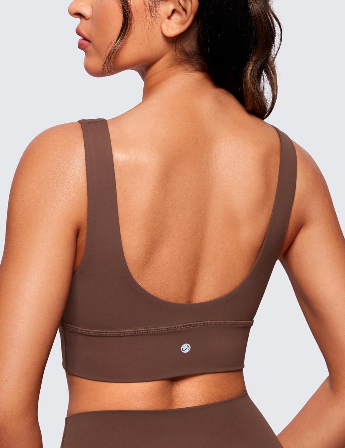 imageCRZ YOGA Butterluxe Womens VNeck Longline Sports Bra Wireless UShaped Open Back Yoga Low Impact Padded Crop TopCoffee Brown