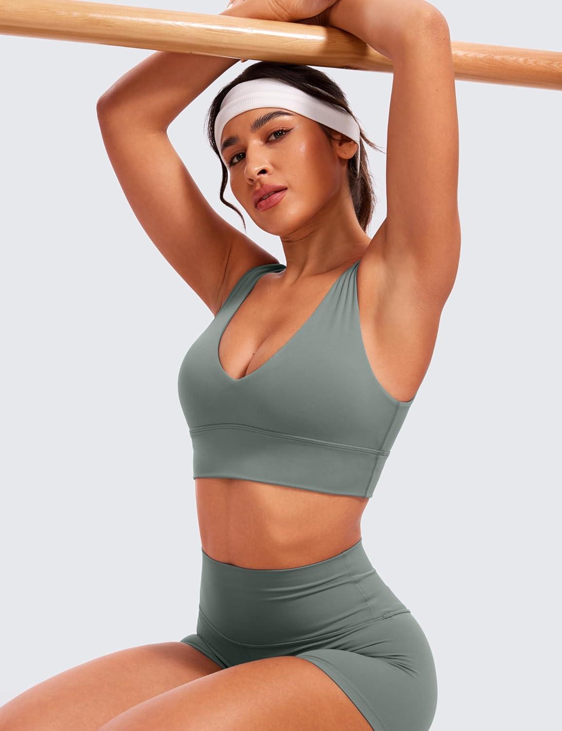 imageCRZ YOGA Butterluxe Womens VNeck Longline Sports Bra Wireless UShaped Open Back Yoga Low Impact Padded Crop TopGrey Sage